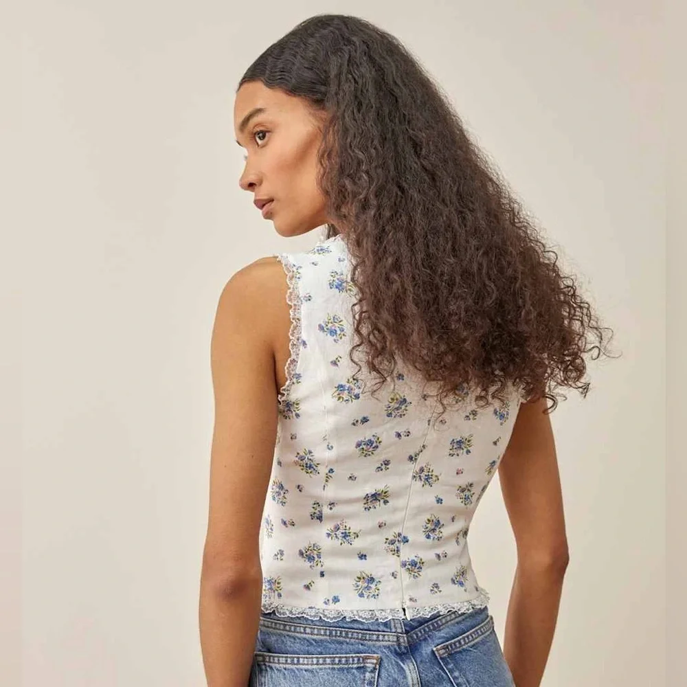 NWOT Reformation Brenda Linen Top size 4 women’s top bow floral lace shirt - Picture 2 of 9